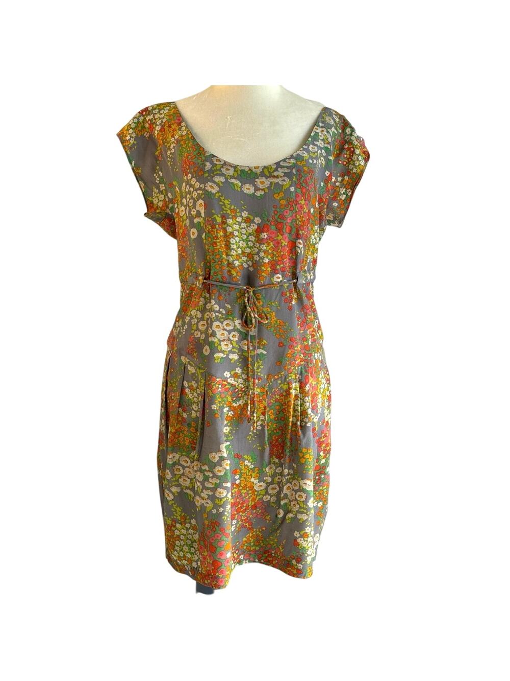 Lauren Moffatt Anthropologie Gray Garden Silk Floral Dropped Waist Dress Size 4